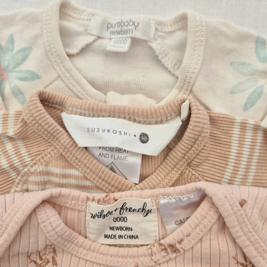 Bundle 3 x Bodysuits Purebaby, Wilson & Frenchy, Susukoshi, Size 0000